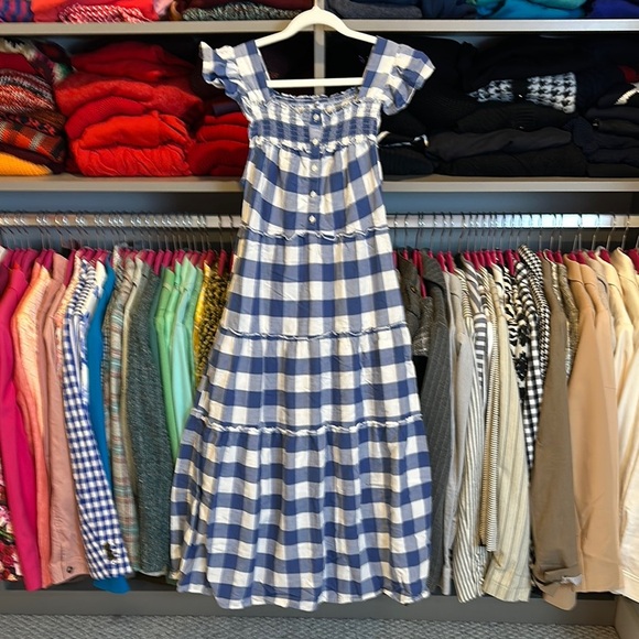 Old Navy blue/white gingham tier 2 pocket elastic back lined midi dress size XS - Picture 1 of 3